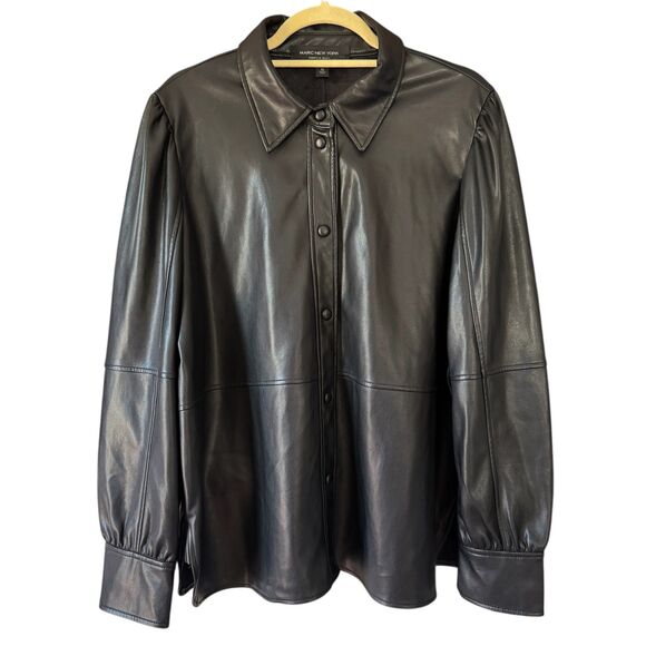 Marc New York Andrew Marc Vegan Leather Black Shirt Jacket Snaps Frill Shoulder - Picture 1 of 7
